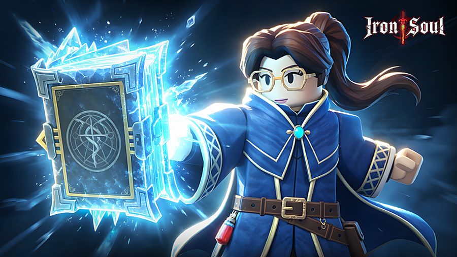 A mage in blue robes casting from a glowing ice-bound spellbook