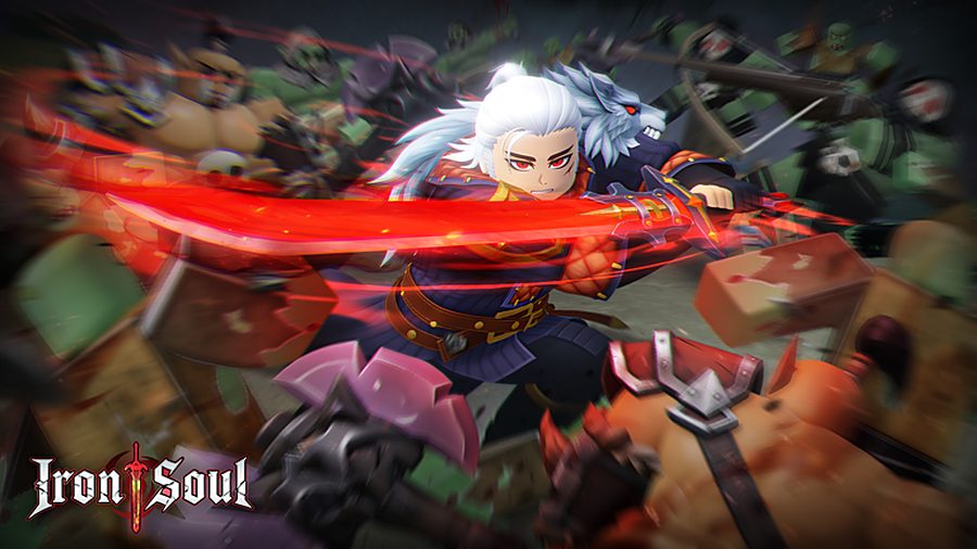 A white-haired character sweeping a glowing red blade through a crowd of goblins